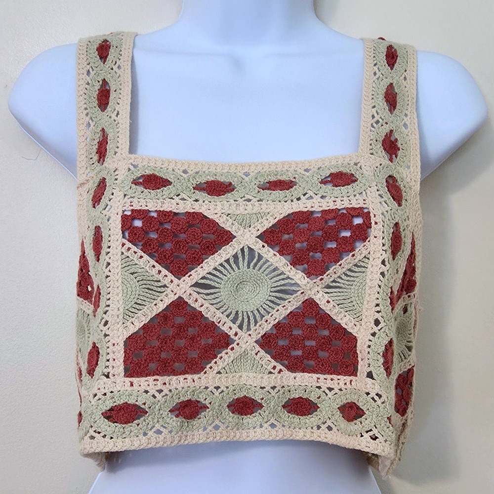 Julia by‎ Love J Crochet Knit Cropped Tank Top Sz S Square Boho Cottage Festival